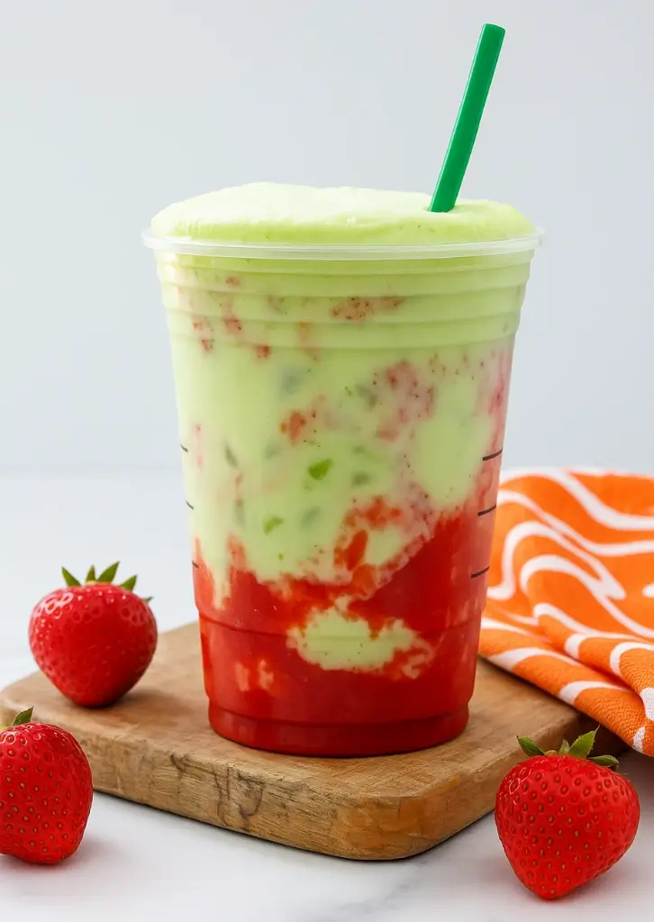 Strawberry matcha latte with green straw in clear cup