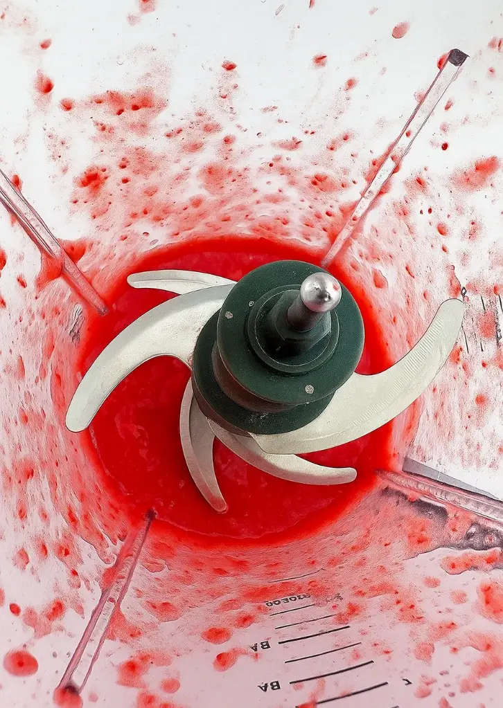 Freshly blended strawberry puree in blender