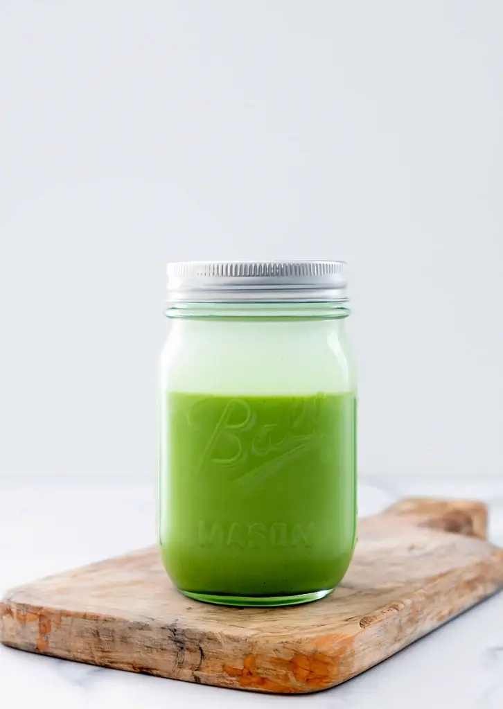 Matcha sweet cream in mason jar on wooden board