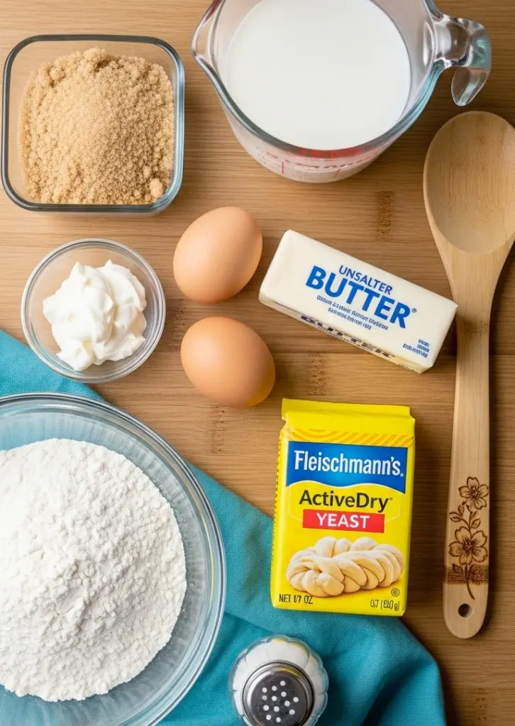 ingredients for sweet braided bread including flour, yeast, eggs, butter, and milk