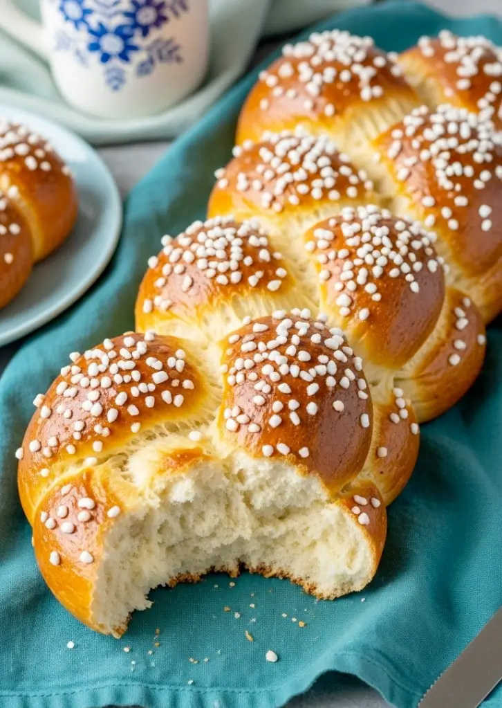 sweet braided bread loaf with bite taken out