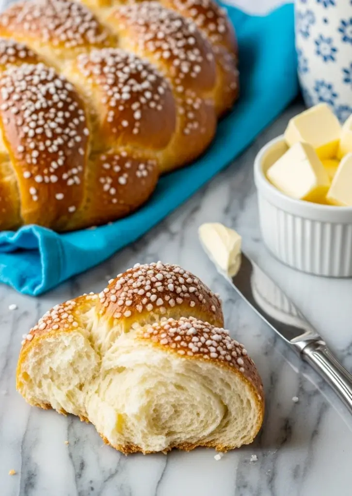 sweet braided bread slice served with butter