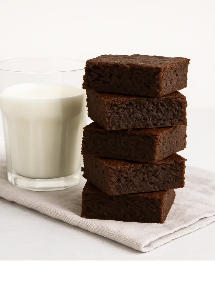 Stack of sweet potato brownies next to a glass of milk