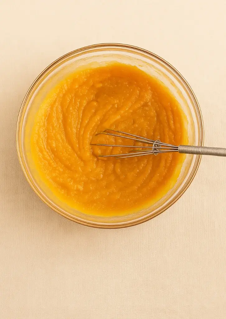 Mashed sweet potato in mixing bowl with whisk