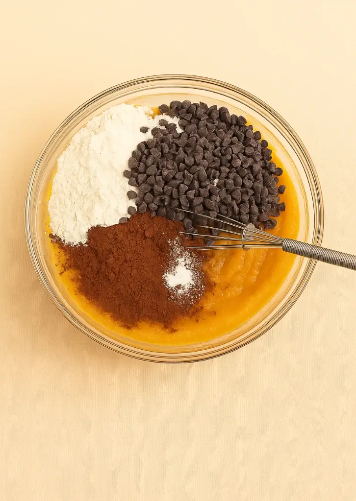 Cocoa powder, flour, and chocolate chips in mashed sweet potato mixture