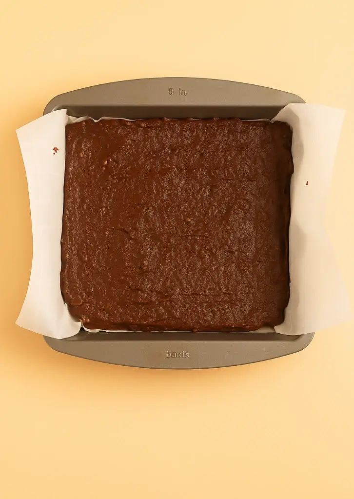 Sweet potato brownie batter spread in lined square pan