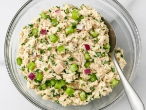cucumber tuna salad in glass bowl