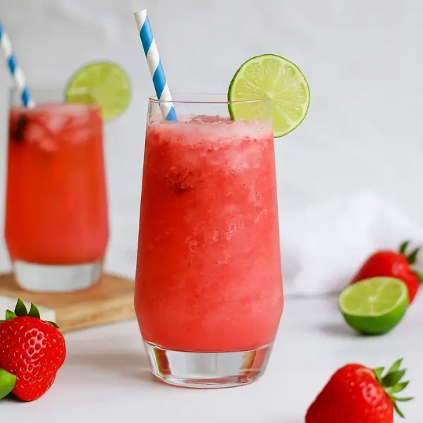 Served easy virgin strawberry margarita with lime garnish