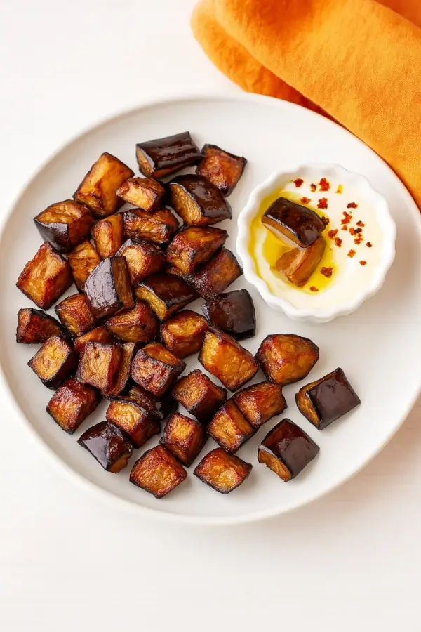 Crispy air fryer eggplant cubes served with a dipping sauce