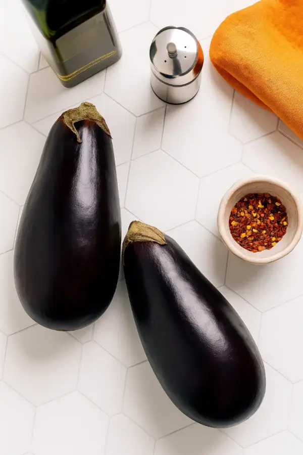 Whole eggplants with chili flakes, oil, and salt on counter