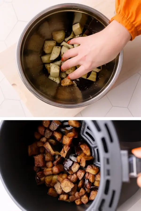 Seasoned eggplant cubes in a bowl and air fryer basket