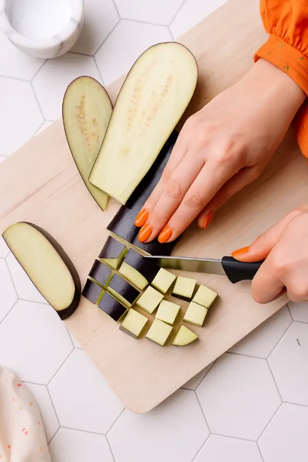 Slicing eggplant into uniform cubes on a wooden board
