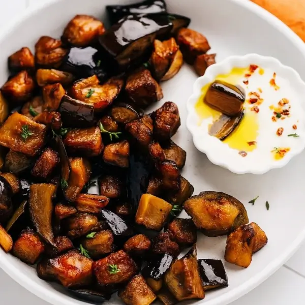 Air fryer eggplant served with dip on white plate