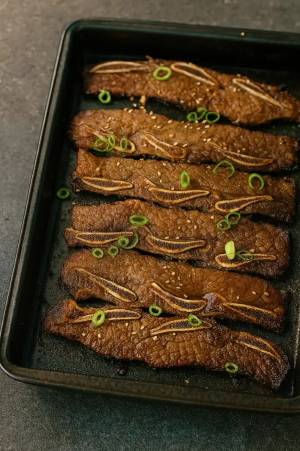 Freshly broiled LA Galbi short ribs with sesame and scallions in a black pan