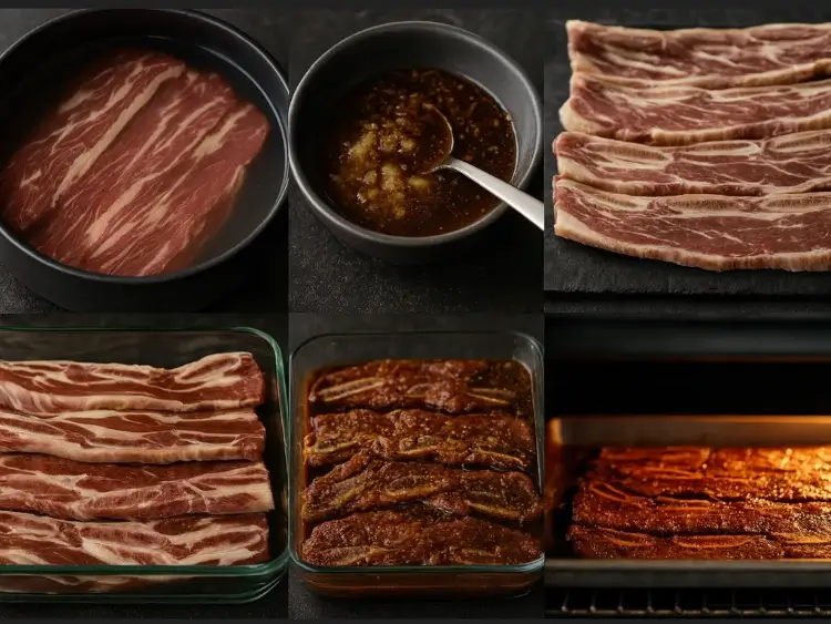 Six-panel collage showing soaking, marinating, and grilling LA Galbi short ribs