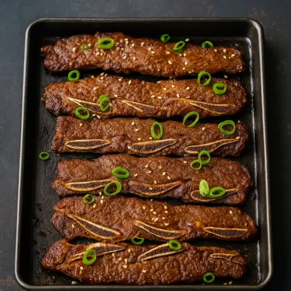 Sheet pan of grilled LA Galbi ribs topped with sesame seeds and scallions