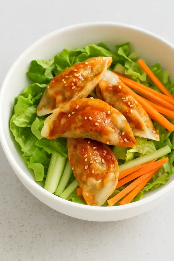 Korean dumplings on lettuce with carrot and cucumber sticks