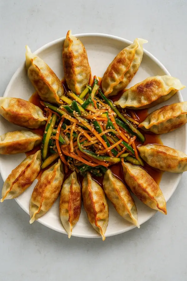 Round plate of dumplings arranged around a center salad of cucumbers and carrots