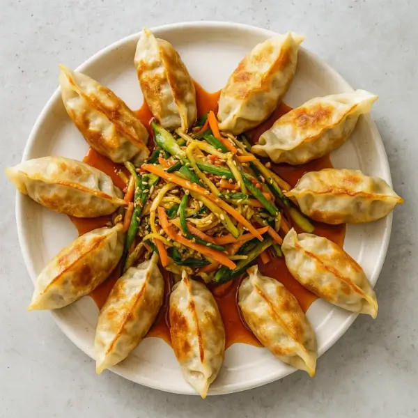 Plated Bibim Mandu with dumplings arranged in a ring around vegetable salad