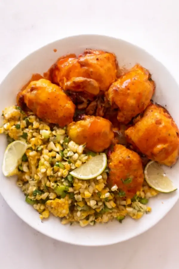 A complete meal with buffalo chicken thighs, corn salad, and lime wedges on a white plate