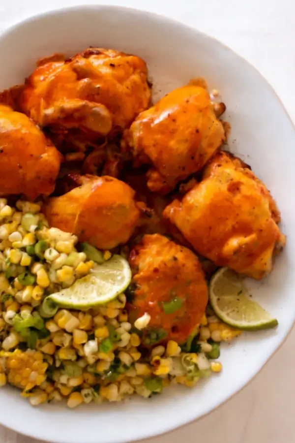A plate with buffalo chicken thighs, corn salad, and lime wedges