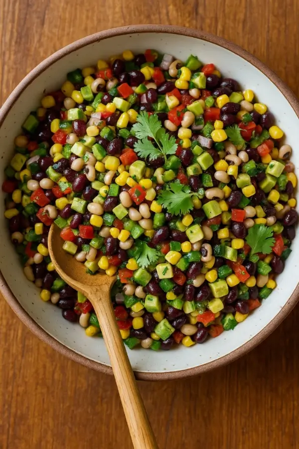 Top-down view of a bowl of Cowboy Caviar with beans, corn, diced peppers, avocado, cilantro and a wooden spoon