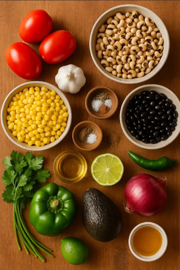 Assorted Cowboy Caviar ingredients—beans, corn, tomatoes, avocado, onion, pepper, cilantro, lime, olive oil and spices—laid out on wood.