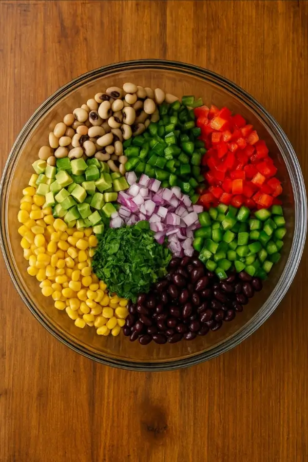 Glass bowl with neatly sectioned piles of chopped black beans, black-eyed peas, corn, avocado, peppers, onion and cilantro.