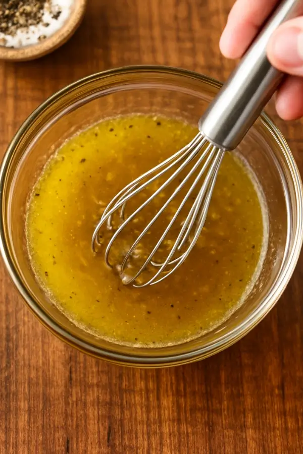 Whisk blending a bright yellow lime-cumin dressing in a glass bowl