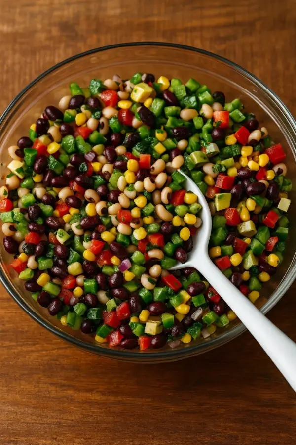 Freshly tossed Cowboy Caviar in a glass bowl showing beans, corn, peppers, avocado, and cilantro.