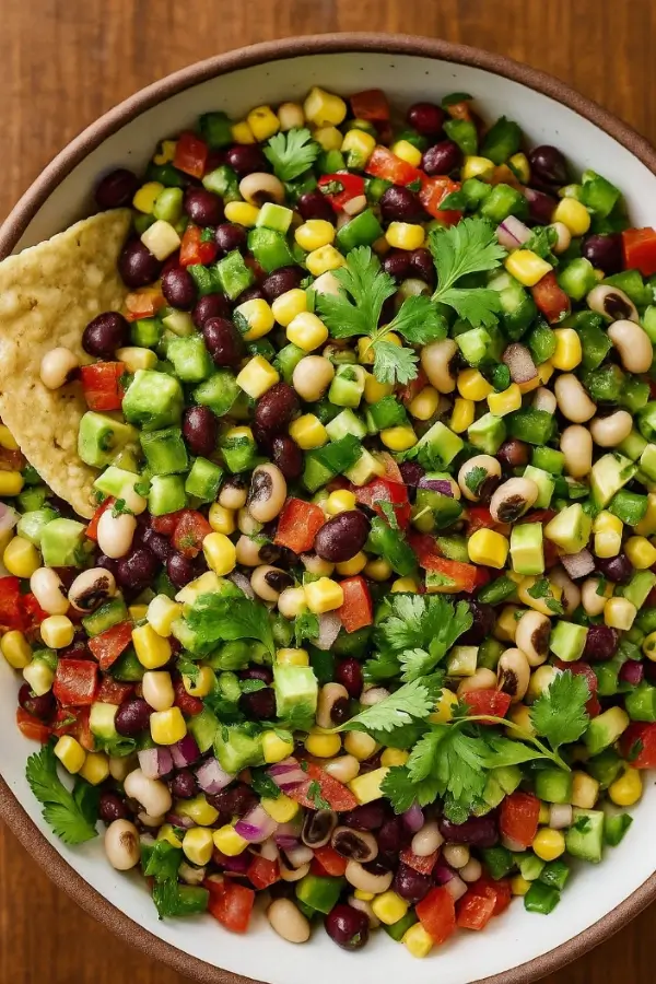 A tortilla chip scooping creamy Cowboy Caviar from a serving bowl.