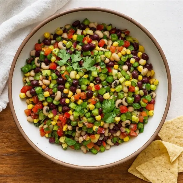 Overhead view of Cowboy Caviar in a ceramic bowl with tortilla chips on the side.