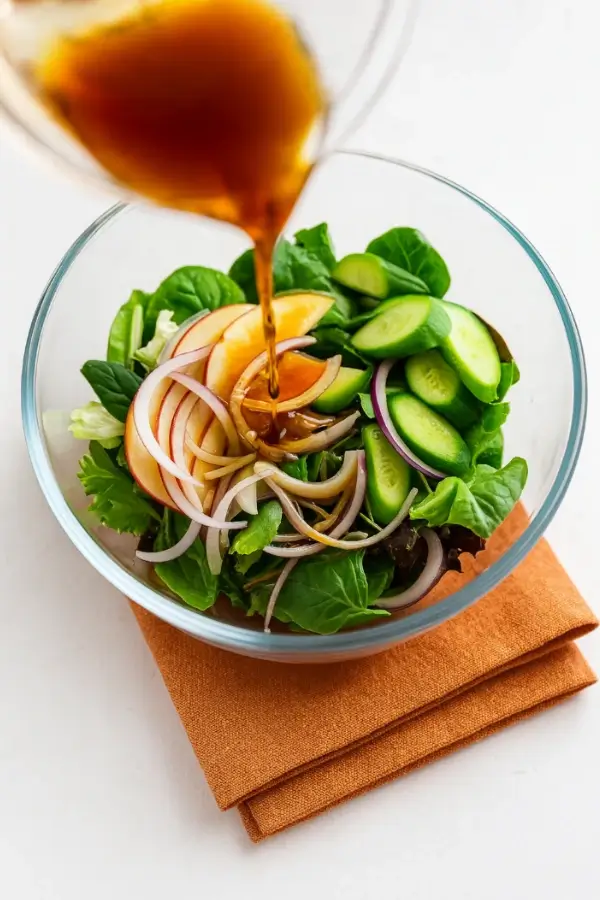 Soy-vinegar dressing being poured over greens, cucumber, apple, and onion in a glass bowl