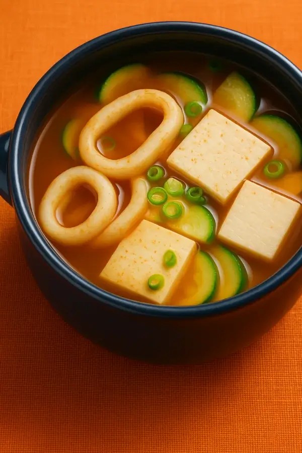 Korean squid soup with tofu and zucchini in black bowl