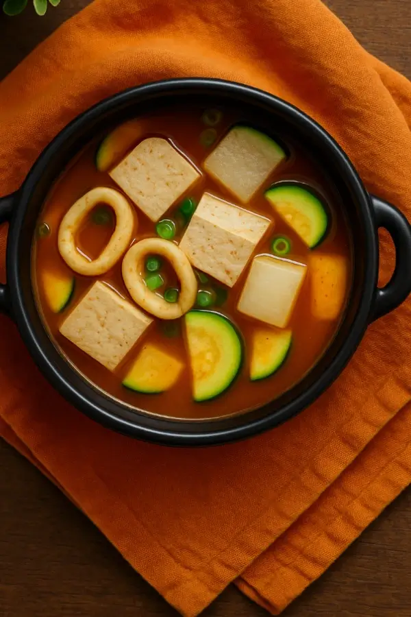 Overhead view of Korean squid soup with tofu and zucchini