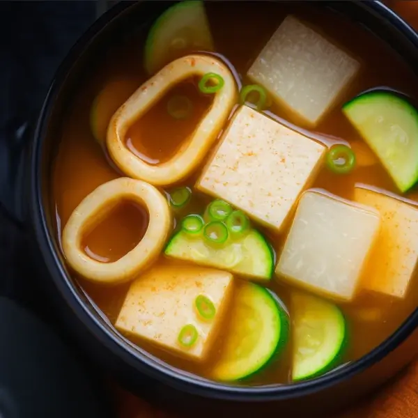 Korean squid soup with tofu, zucchini, and green onions