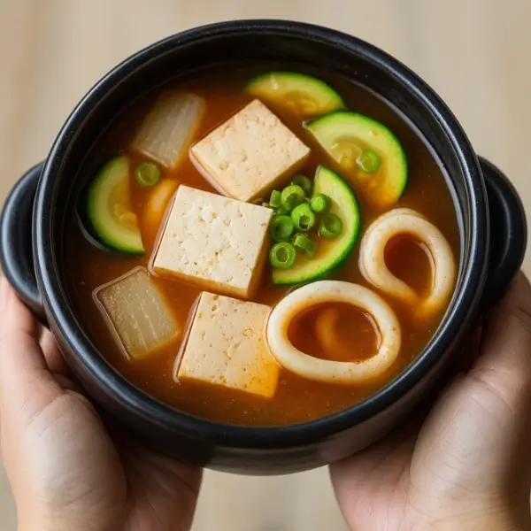 Hands holding a bowl of Korean squid soup