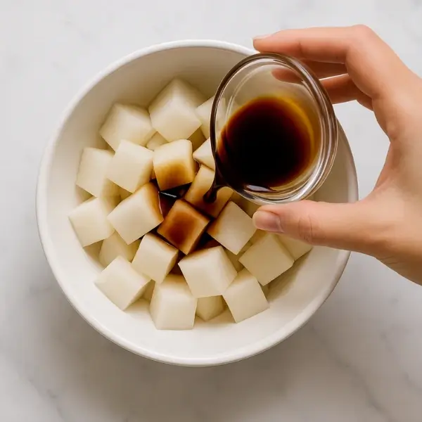 Korean radish cubes being marinated with soy sauce