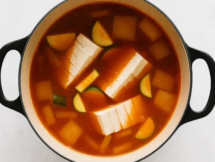 Tofu and zucchini simmering in spicy Korean broth