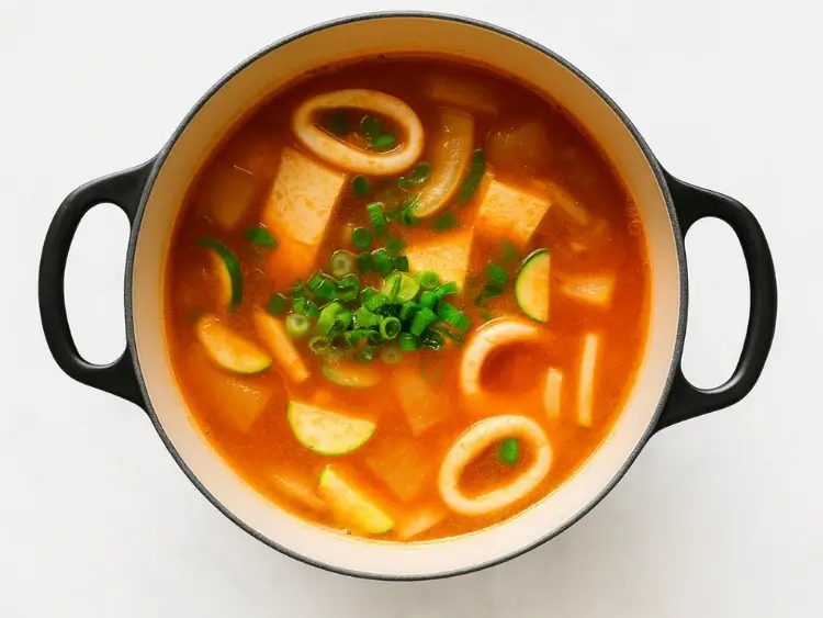 Finished Korean squid soup with chopped green onions on top