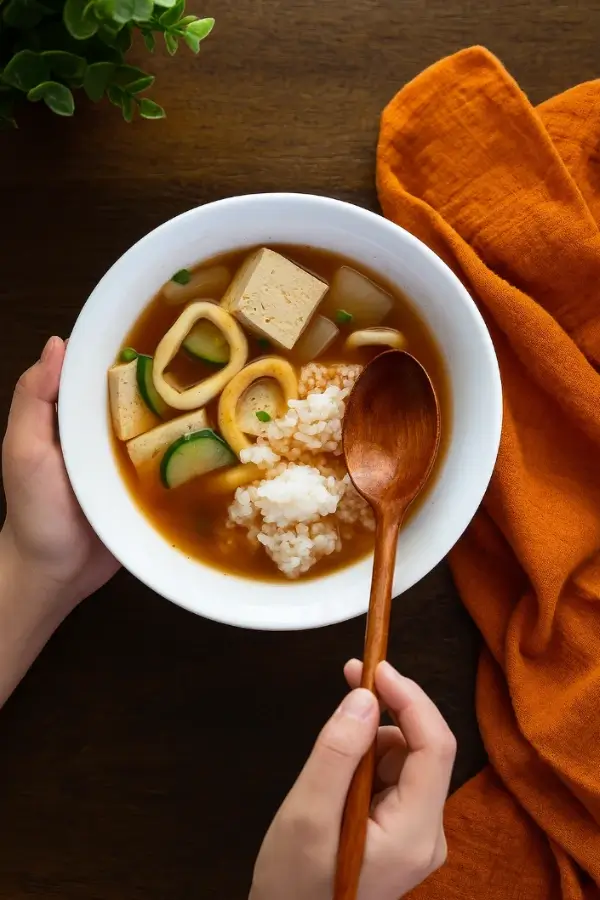 Serving Korean squid soup with a side of rice