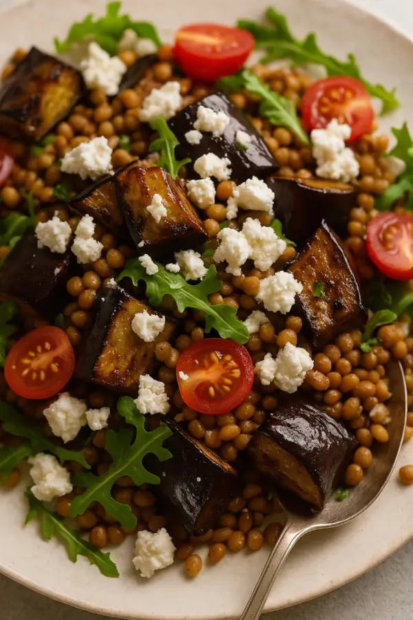 Lentil and roasted eggplant salad with cherry tomatoes, arugula, and feta