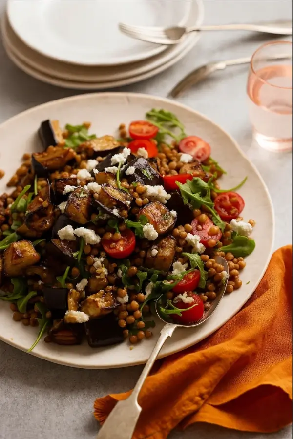 Plate of lentil and roasted eggplant salad served with orange napkin