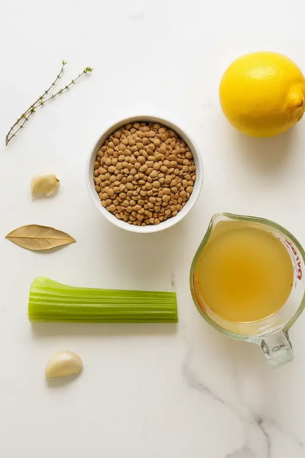 Ingredients for cooking lentils including broth, lemon, celery, and garlic
