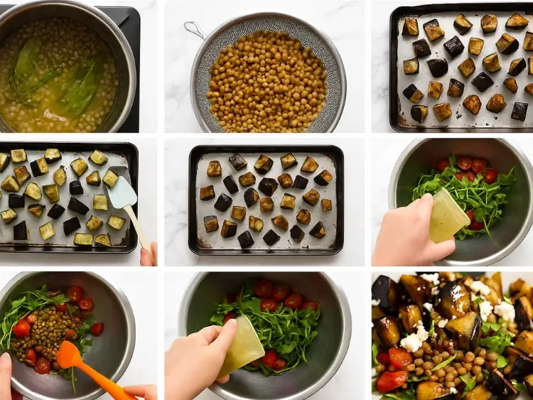 Step-by-step images showing how to make lentil and roasted eggplant salad