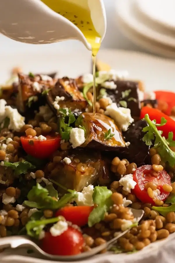Pouring olive oil dressing over roasted eggplant and lentil salad