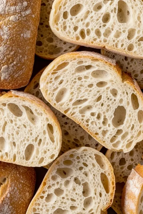 Sliced sourdough ciabatta with open crumb structure