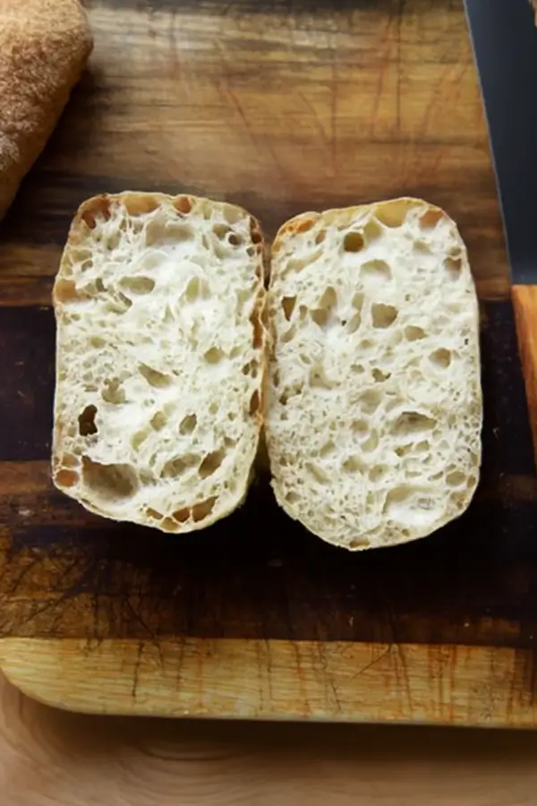 Sliced ciabatta showing an open, airy crumb structure