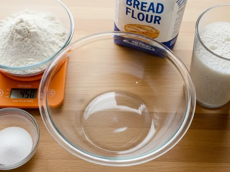 Ingredients for sourdough ciabatta bread including flour, salt, and starter